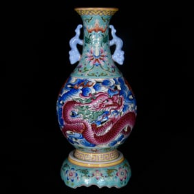 An Exquisite Enamel Painted Gold Hollow Auspicious Cloud and Dragon Pattern Double-Ears Vase,With