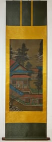 A Chinese Vertical Scroll Ink Painting of Landscape and Figure on Silk,Wen Zhengming