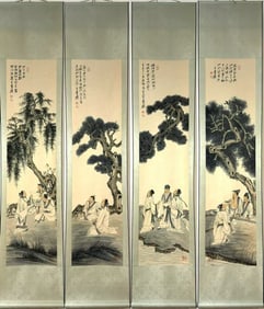 A Set of Chinese Vertical Scroll Ink Painting of Landscape and Figure on Paper,Zhang Daqian