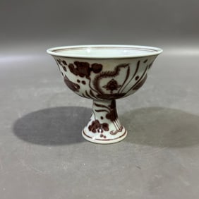 An Exquisite Underglaze-Red Fish and Algae Pattern Stem Cup