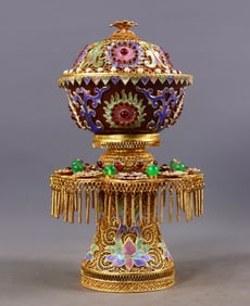 An Exquisite Flower silk gold-plated Inlaid Agate Cover Bowl,Inlaid Gems