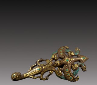 A Rare Bronze Inlaid Gold and Turquoise Chi-Dragon Pattern Hook