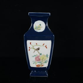 An Exquisite Ji Blue Glazed Famille-Rose Flower and Bird Pattern Vase