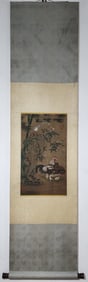 A Chinese Vertical Scroll Ink Painting of Flower and Rooster on Silk,Zhao Chang