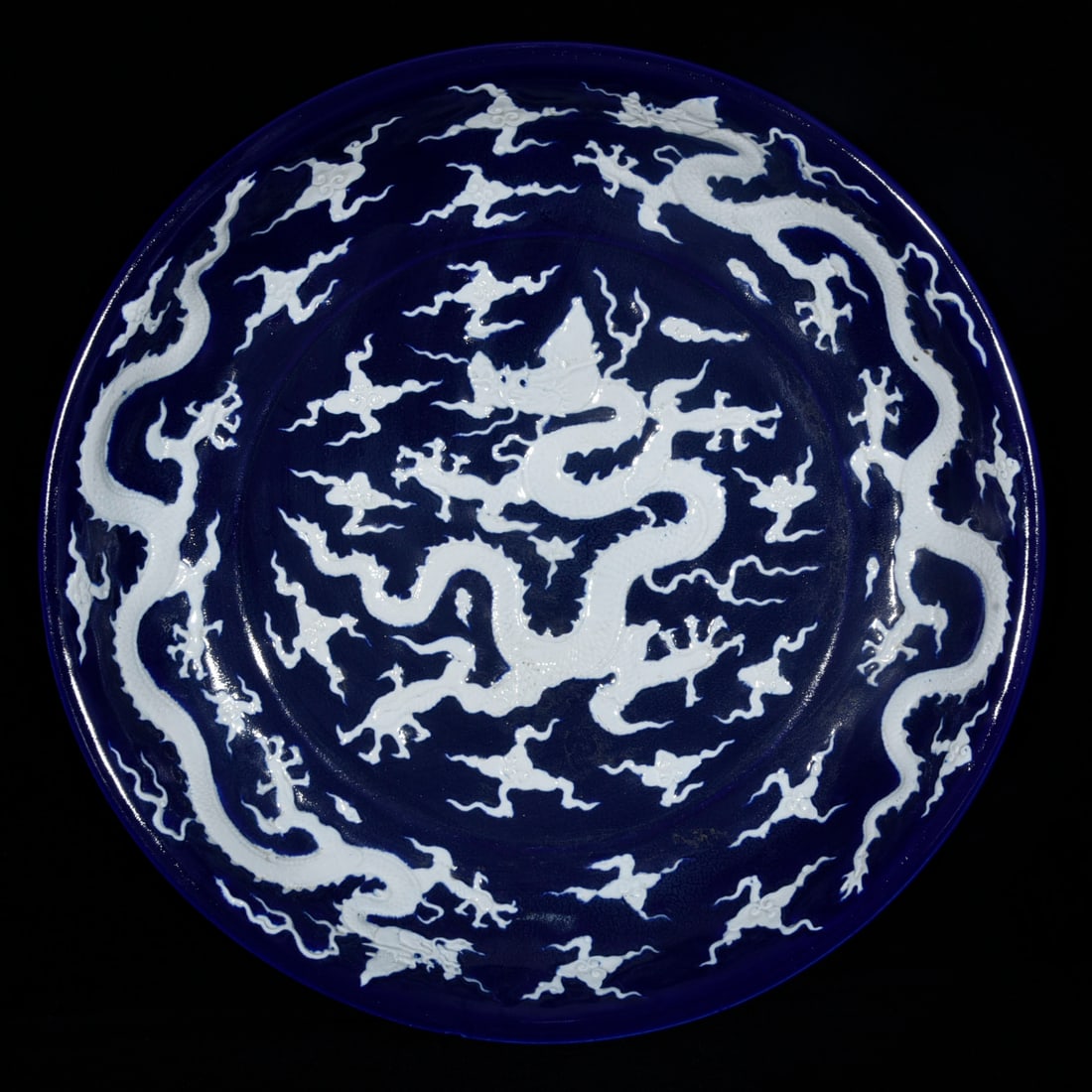 A Huge Ji Blue Glazed Auspicious Cloud and Dragon Pattern Plate (1 of 9)