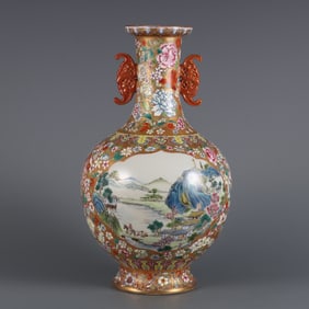 An Exquisite Gold Ground Famille-Rose Flower,Landscape and Figure Pattern Bat-Ears Vase