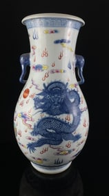 A Huge Wucai Auspicious Cloud and Dragon Pattern Elephant-Ears Vase
