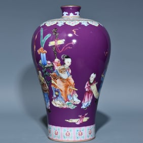 An Exquisite Purple Glazed Famille-Rose Painted Gold Character and Story Pattern Vase,With Poem
