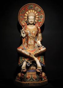 A Rare Marble Painted Color Statue of Sakyamuni