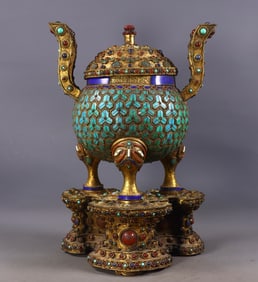 An Exquisite Gilt Bronze Double-Ears and Tripod Censer,Inlaid Gems,With Base
