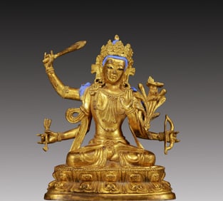 An Exquisite Gilt Bronze Statue of Four-Armed Manjusri