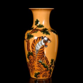 A Rare Yellow Glazed Enamel Tiger Pattern Vase