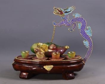 A Set of Rare Jadeite Inlaid Flower silk gold-plated Bats and Peach Pattern Teaware