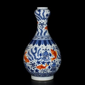 A Huge Blue and White Iron-Red Glazed Fish and Algae Pattern Vase