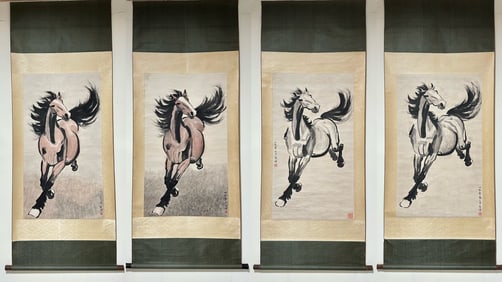 A Set of Chinese Vertical Scroll Ink Painting of Horse on Paper,Xu Beihong