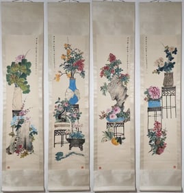 A Set of Chinese Vertical Scroll Ink Painting of Flower and Fruit on Paper,Mei Lanfang