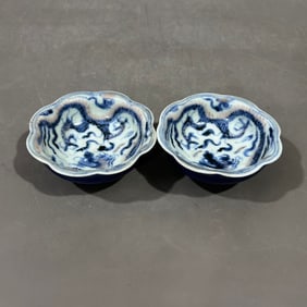 A Pair of Exquisite Ji Blue Glazed Blue and White Underglaze-Red Auspicious Cloud and Dragon Pattern