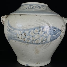 A Rare Blue and White Fish Pattern Beast-Ears Jar