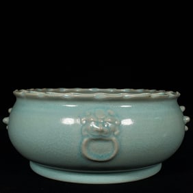 An Exquisite Ru yao Beast-Ears Brush Washer,With Poem