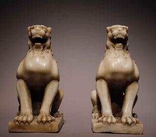 A Pair of Rare Marble Lion Ornaments