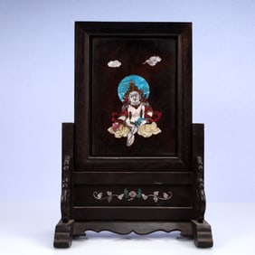 A Huge Zitanwood Inlaid Gems Statue of Mammon Screen