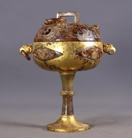 An Exquisite Gilt Bronze Inlaid White Jade Beast-Face Pattern Beast-Ears Censer