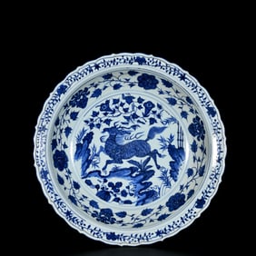 A Huge Blue and White Lotus and Auspicious Beast Pattern Plate