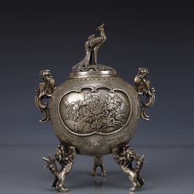 An Exquisite Silver-plated Bronze Peony Pattern Double-Ears and Tripod Censer