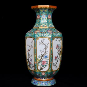 A Huge Enamel Green Ground Painted Gold Flower and Bird Pattern Vase