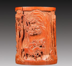 A Marvelous Bamboo 'Landscape& Figure' Brush Pot