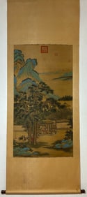A Chinese Vertical Scroll Ink Painting of Landscape and Figure on Silk,Chou Ying