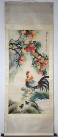A Chinese Vertical Scroll Ink Painting of Persimmon and Rooster on Paper,Qi Baishi