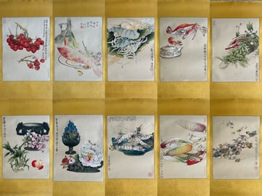 A Set of Chinese Ink Painting of Food on Paper,Zheng Naiguang