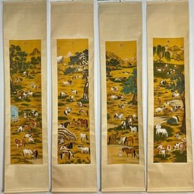 A Set of Chinese Vertical Scroll Ink Painting of Horse on Paper,Lang Shining