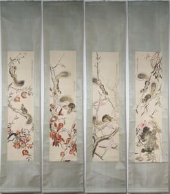 A Set of Chinese Vertical Scroll Ink Painting of Squirrel on Paper,Liu Kuiling