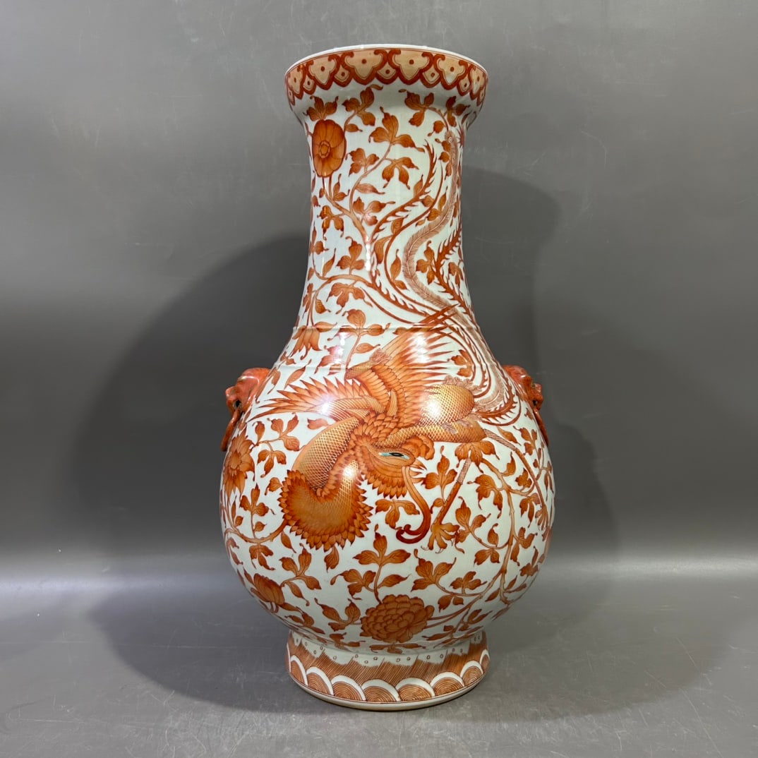 A Huge Iron-Red Glazed Lotus and Phoenix Pattern Beast-Ears Vase