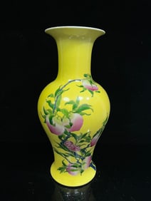 A Rare Famille-Rose Yellow Glazed Peach Pattern Vase