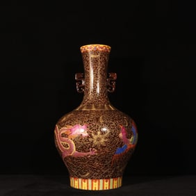 A Huge Enamel Brown Glazed Painted Gold Lotus,Dragon and Phoenix Pattern Double-Ears Vase