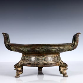A Rare Bronze Double-Ears and Tripod Plate,With Inscription