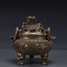 An Exquisite Silver-plated Bronze Dragon Pattern Double-Ears and Tripod Censer