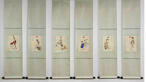 A Set of Chinese Vertical Scroll Ink Painting of Woman on Paper,Leng Mei