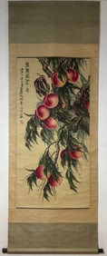 A Chinese Vertical Scroll Ink Painting of Peach on Paper,Qi Baishi
