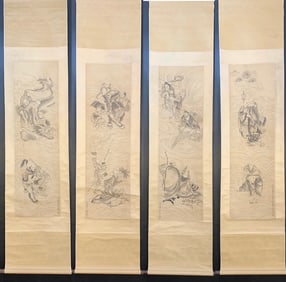 A Set of Chinese Vertical Scroll Ink Painting of Arhat on Paper,Wu Bin
