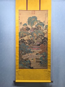 A Chinese Vertical Scroll Ink Painting of Landscape and Figure on Silk,Wang Ximeng