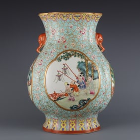 A Huge Turquoise Ground Famille-Rose Flower,Character and Story Pattern Elephant-Ears Vase