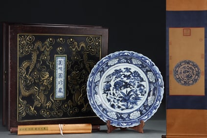 A Huge Blue and White Lotus,Character and Story Pattern Plate,With Vertical Scroll Painting on Silk