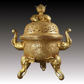 A Huge Gilt Bronze Lotus Bats and Peach Pattern Double-Ears and Tripod Censer