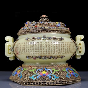 An Exquisite Greenish Jade Covered silver-gilt Double-Ears Censer, with poem, Inlaid Gems