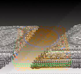 A Rare Gilt Silver Dragon Pattern Cover Box,Inlaid Gems: A Rare Gilt Silver Dragon Pattern Cover Box,Inlaid Gems,Tang Dynasty, China,Zhenguan Four-character Mark,Size:10.2inx5.5in,Weight:2450g 银鎏金龙纹盖盒,嵌