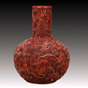 A Huge Carved Red Lacquer Auspicious Cloud and Dragon Pattern Vase,with an Imperial Poem by Emperor